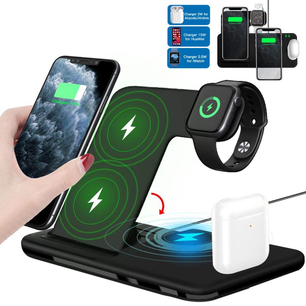 15W Qi Fast Wireless Charger For iPhone 11 XR X 8 Apple Watch 4 in 1 Foldable Charging Dock Station