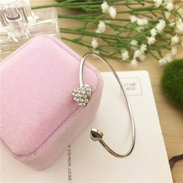Women's Adjustable Crystal Double Heart Bow Cuff Bracelet