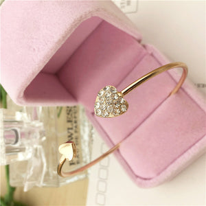 Women's Adjustable Crystal Double Heart Bow Cuff Bracelet