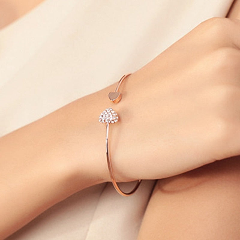 Women's Adjustable Crystal Double Heart Bow Cuff Bracelet