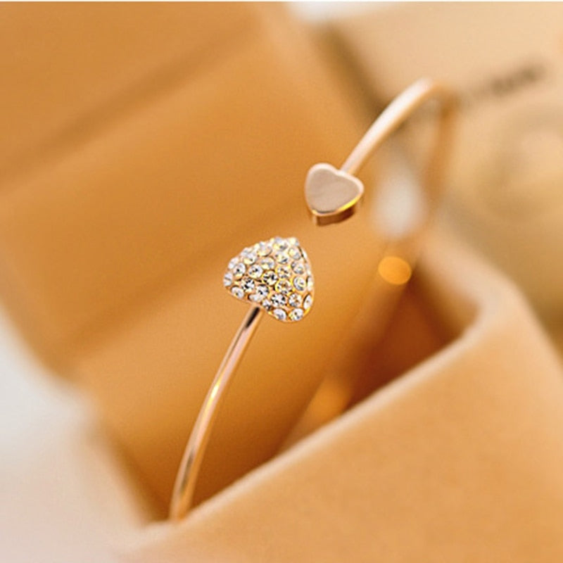 Women's Adjustable Crystal Double Heart Bow Cuff Bracelet
