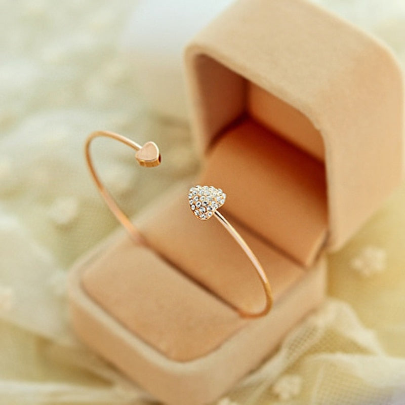 Women's Adjustable Crystal Double Heart Bow Cuff Bracelet