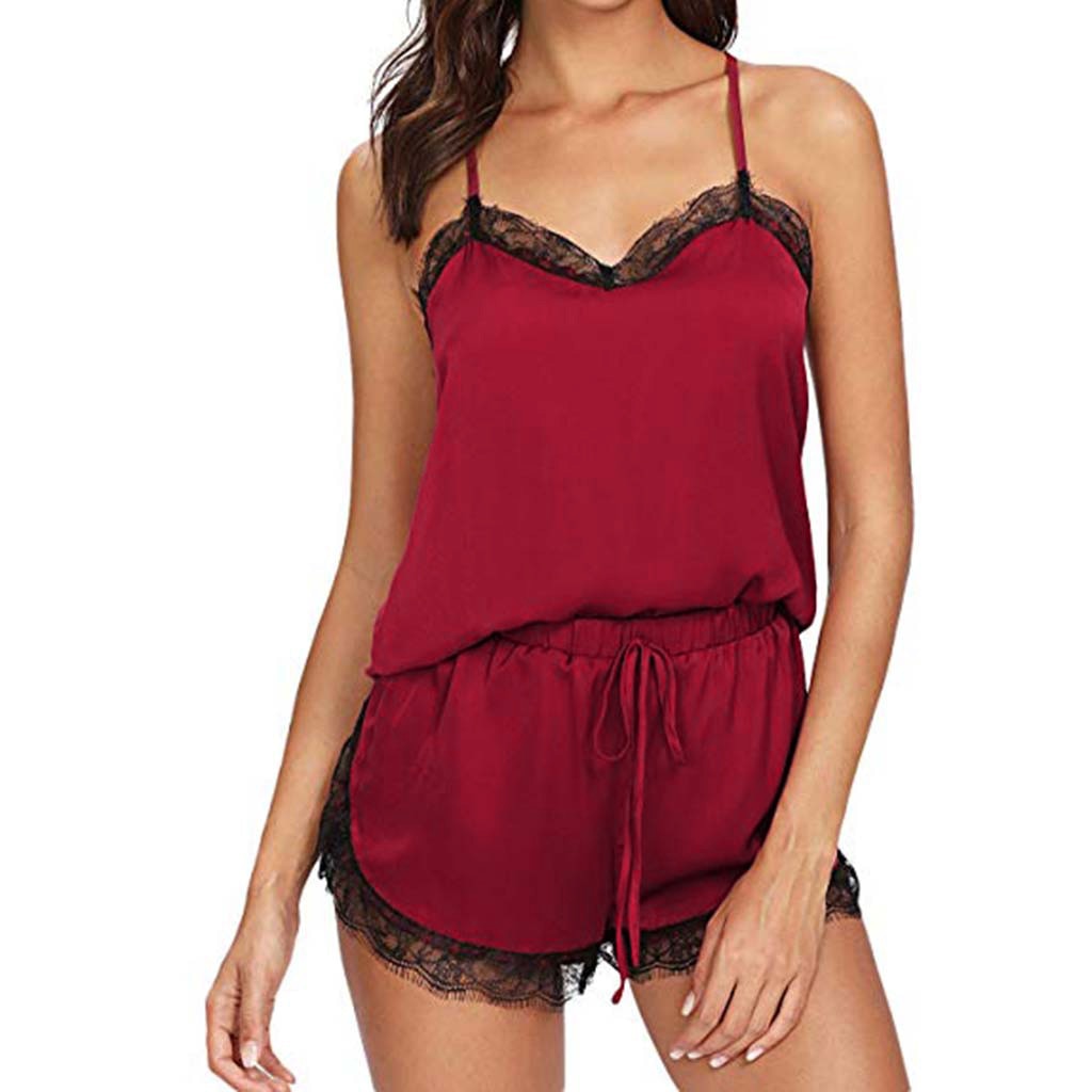 Women Sleepwear Sleeveless Strap Lace Trim Satin Cami Top