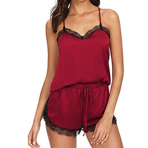 Women Sleepwear Sleeveless Strap Lace Trim Satin Cami Top